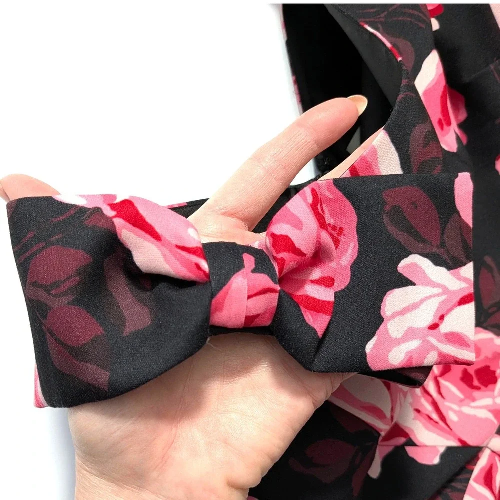 Kate Spade New York Rosa A-Line Rose Print Bow Shoulder Dress Black Pink Size 2‎